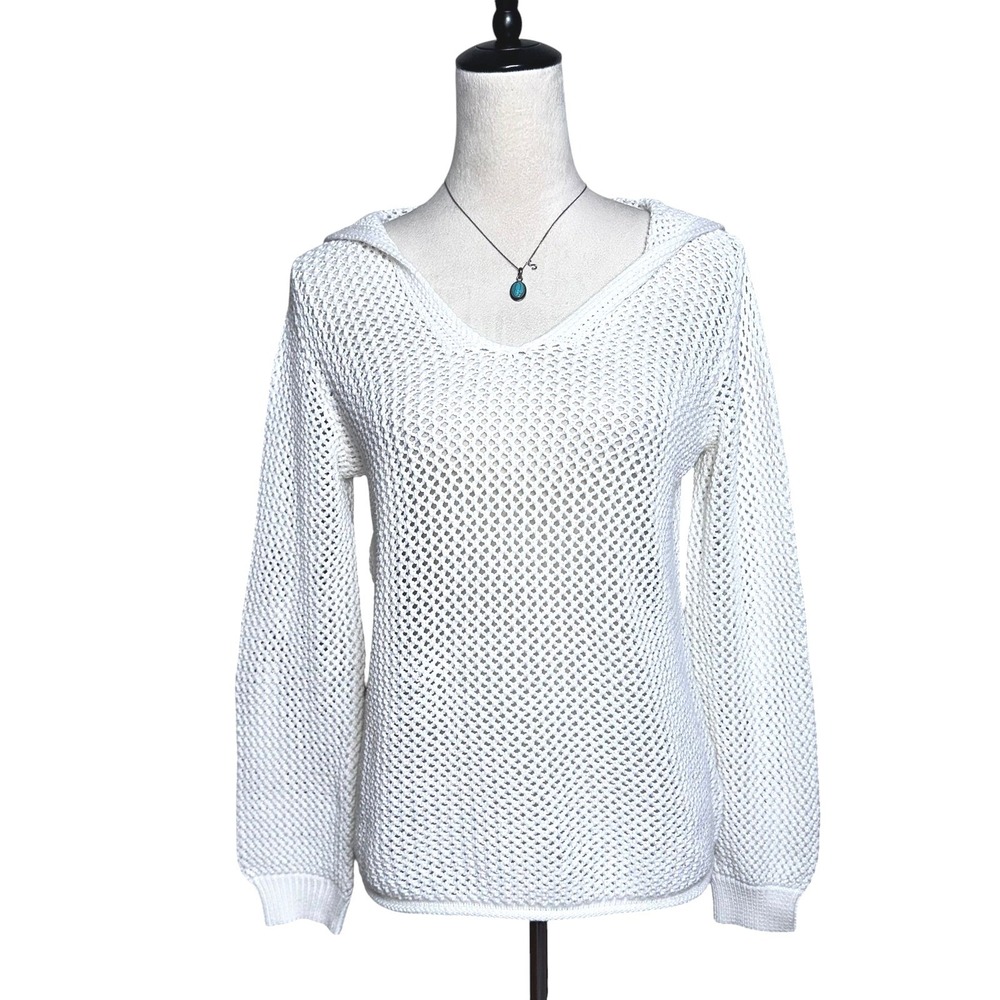 Cotton Blend Open Knit Hooded White Pullover Lightweight Sweater Relaxed Small
